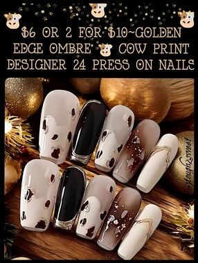 🆕$6 OR 2 FOR $10~GOLDEN EDGE OMBRE 🐮 COW PRINT DESIGNER 24 PRESS ON NAILS